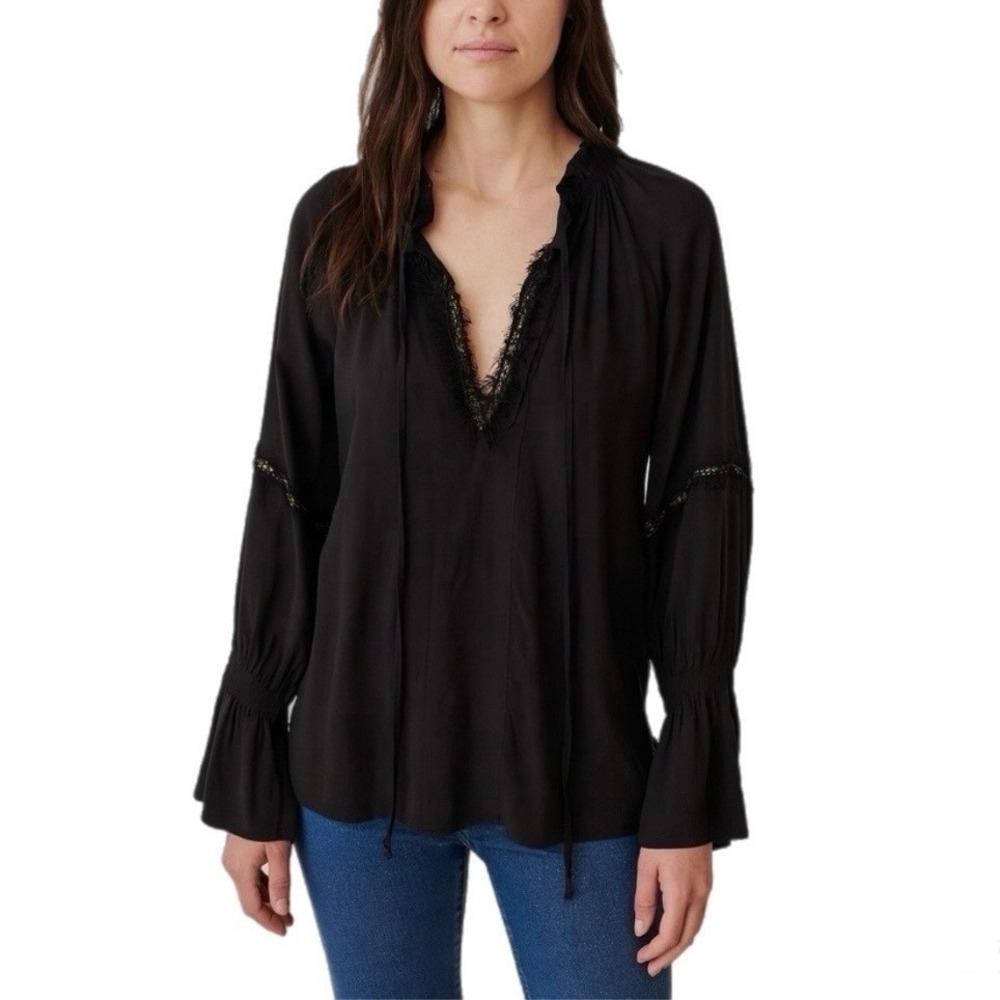 Devotion Twins Black Beaded Feather Trim V Neck Long Sleeve Blouse Size Small